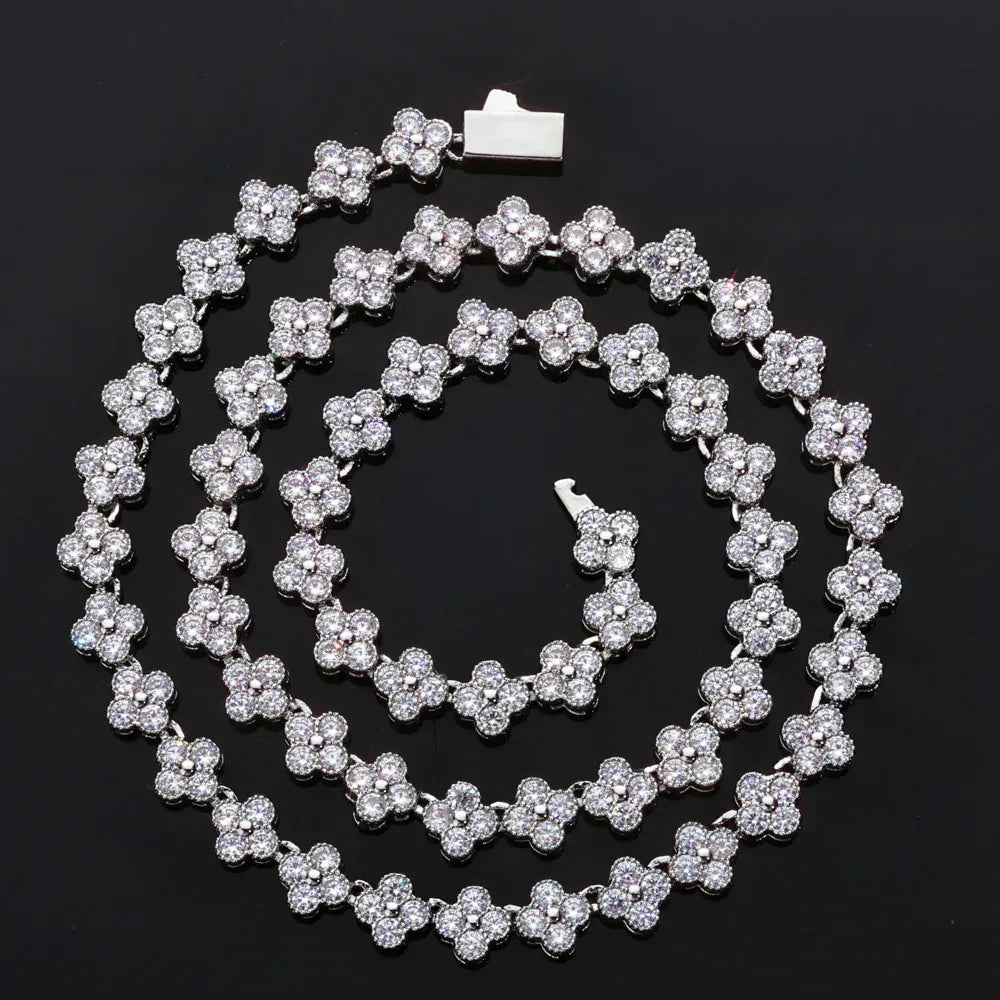 Custom 7mm Hip Hop Clover & Plum Flower Chain Necklace with Zircon Stones for Men | Caratix Jewelry - CaratixJewelry
